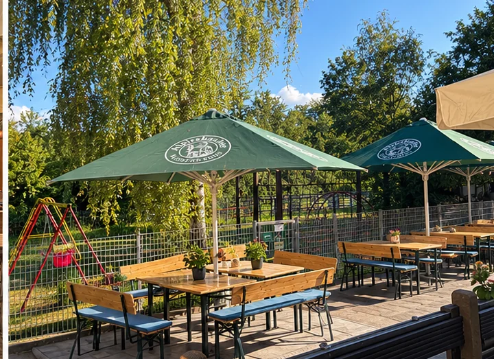 Sonniger Biergarten mit Bänken und Sonnenschirmen